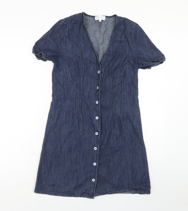 Warehouse Womens Blue Cotton A-Line Size 10 V-Neck Button