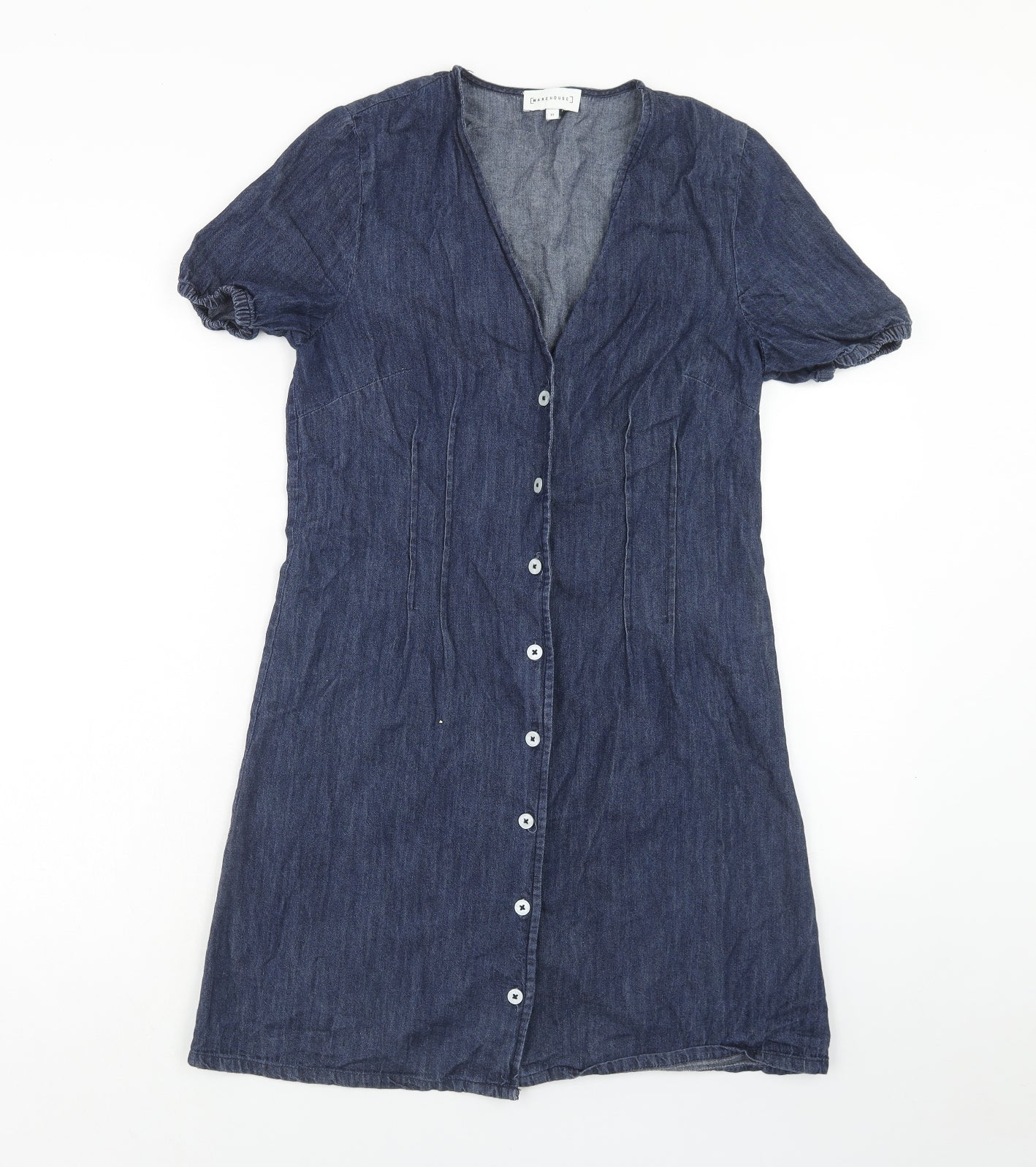 Warehouse Womens Blue Cotton A-Line Size 10 V-Neck Button