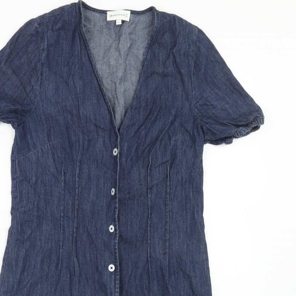 Warehouse Womens Blue Cotton A-Line Size 10 V-Neck Button