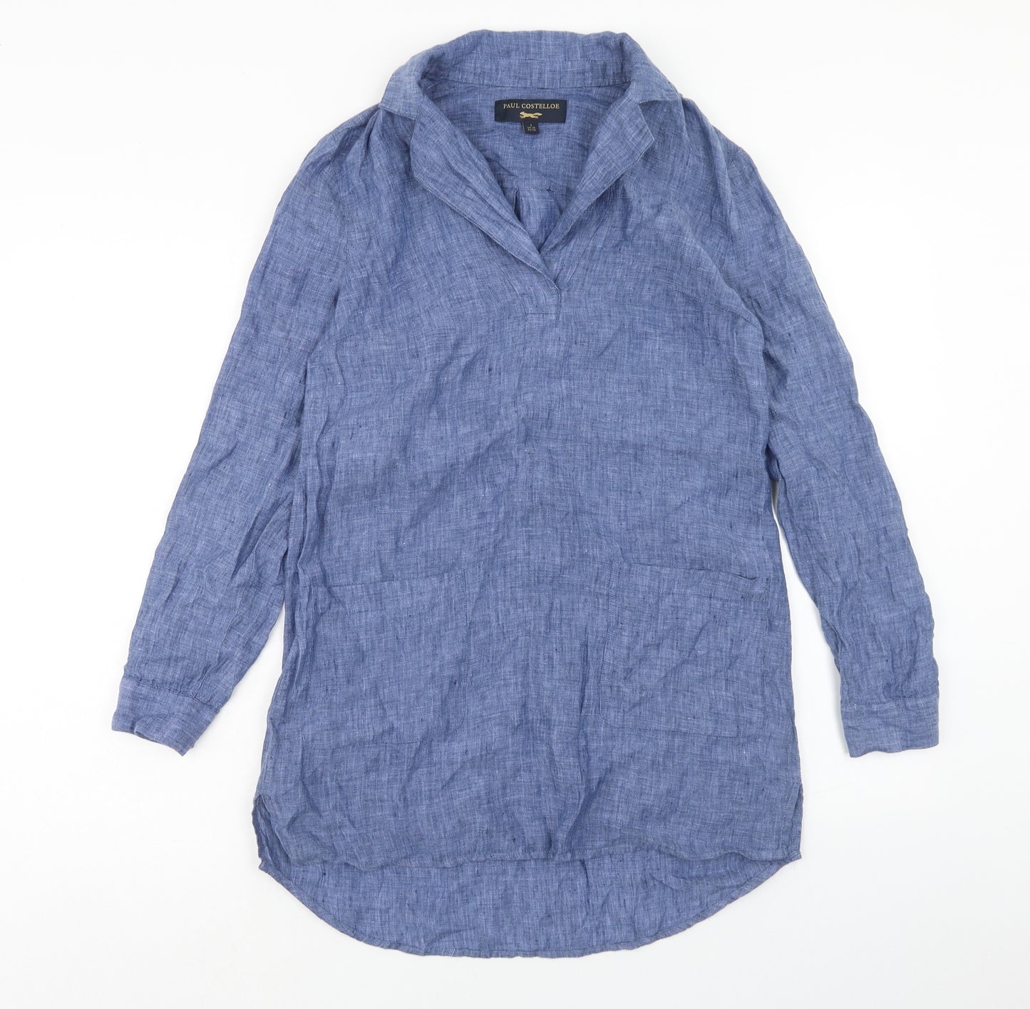 Paul Costelloe Womens Blue Linen A-Line Size 10 V-Neck Pullover