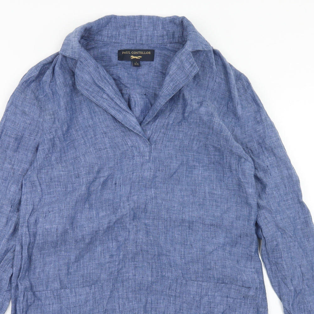 Paul Costelloe Womens Blue Linen A-Line Size 10 V-Neck Pullover