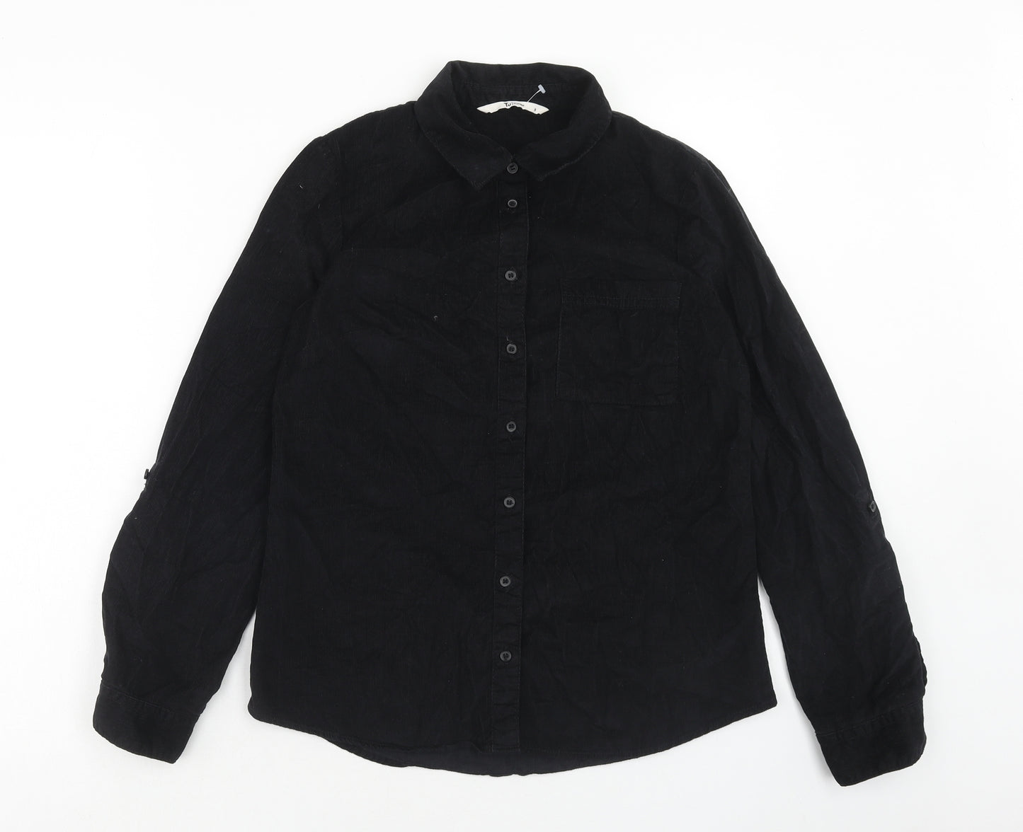 TU Womens Black Cotton Basic Button-Up Size 8 V-Neck