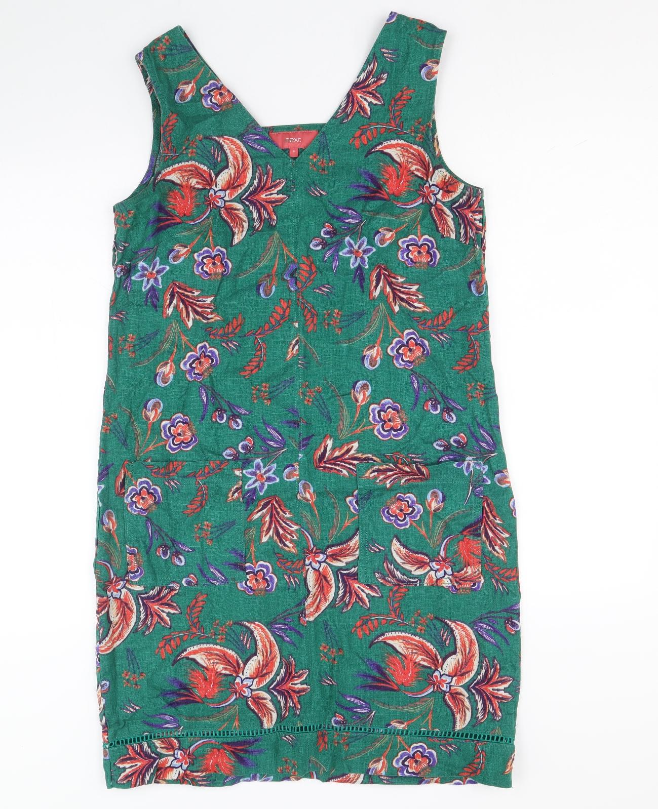 NEXT Womens Green Floral Linen A-Line Size 8 V-Neck Pullover