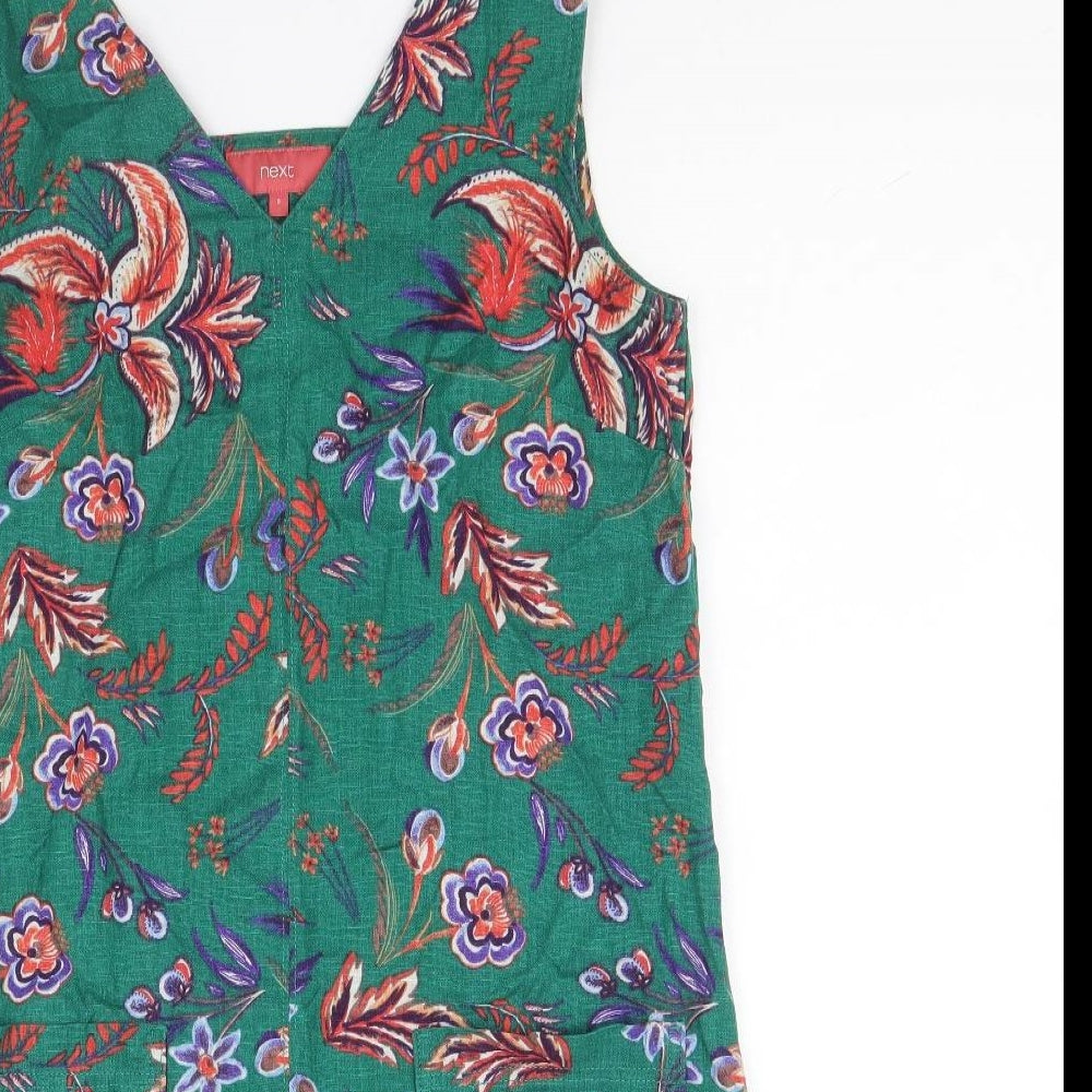 NEXT Womens Green Floral Linen A-Line Size 8 V-Neck Pullover