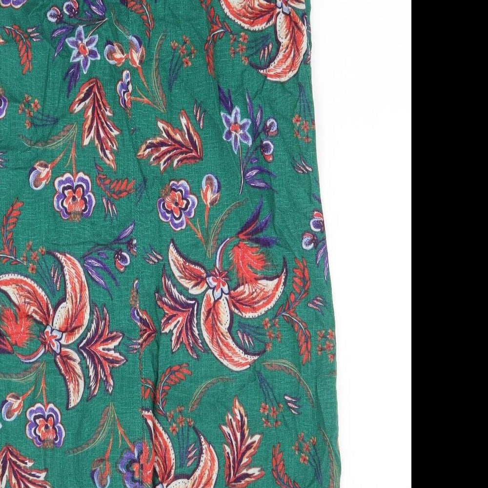 NEXT Womens Green Floral Linen A-Line Size 8 V-Neck Pullover