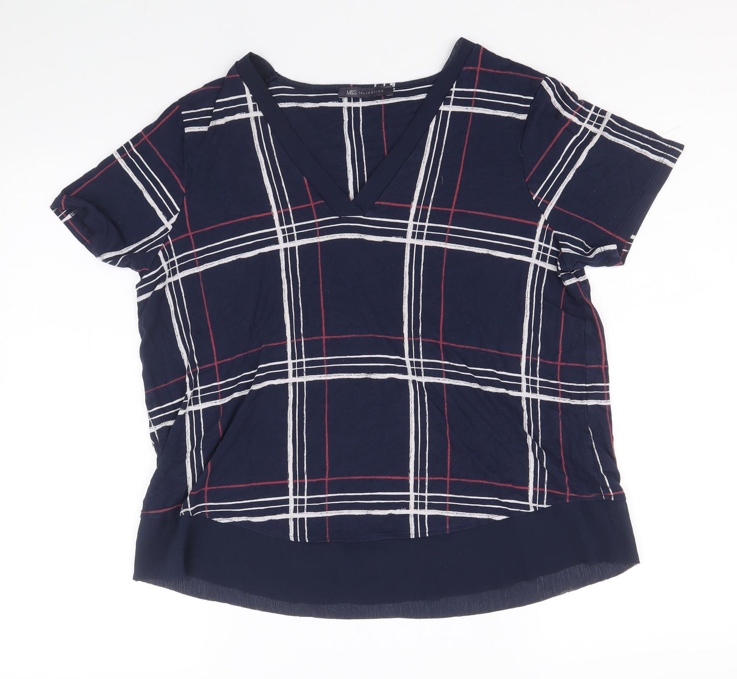 Marks and Spencer Womens Blue Check Viscose Basic Blouse Size 14 V-Neck