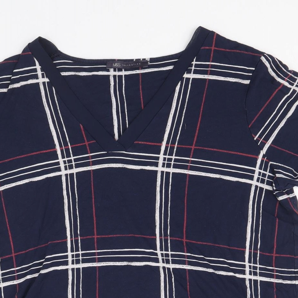 Marks and Spencer Womens Blue Check Viscose Basic Blouse Size 14 V-Neck