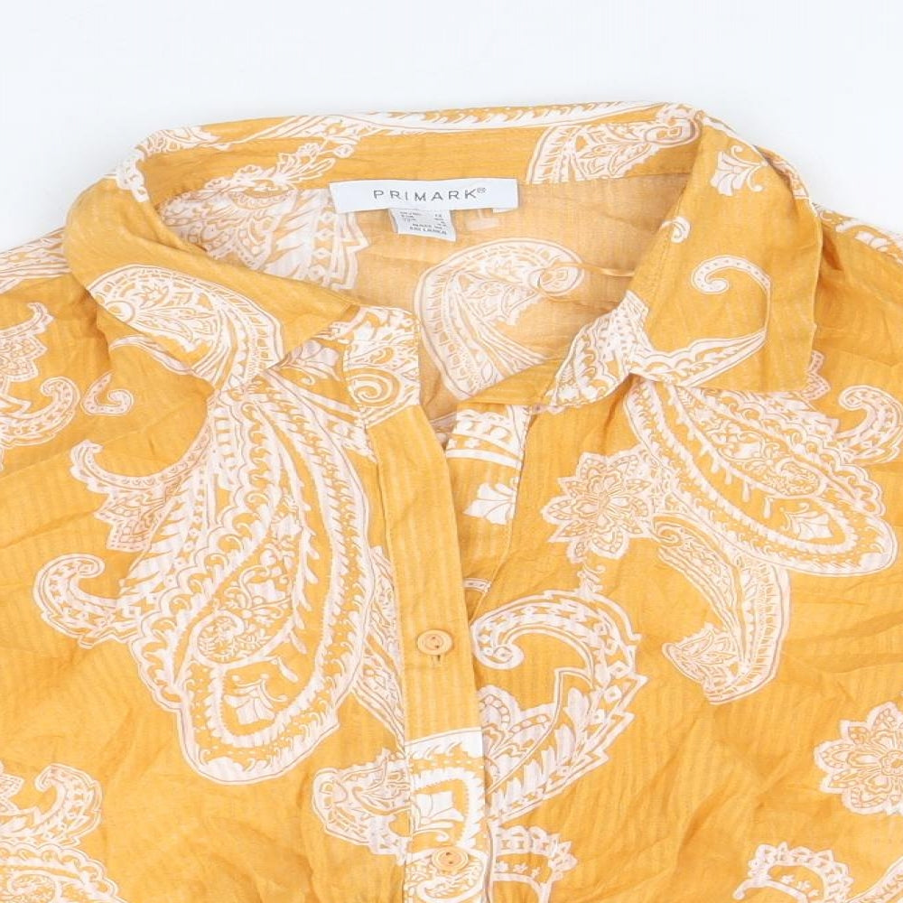 Primark Womens Orange Paisley 100% Cotton Cropped Button-Up Size 12 Collared - Tie Front