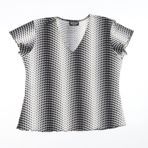 Feline Womens Black Geometric Polyester Basic T-Shirt Size M V-Neck