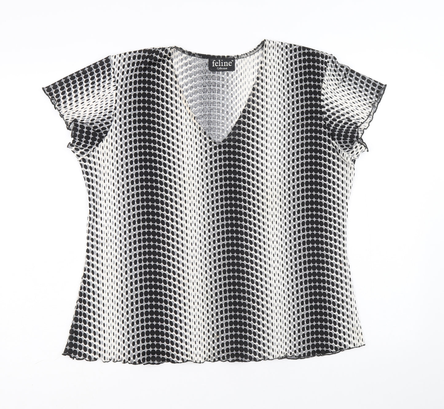 Feline Womens Black Geometric Polyester Basic T-Shirt Size M V-Neck