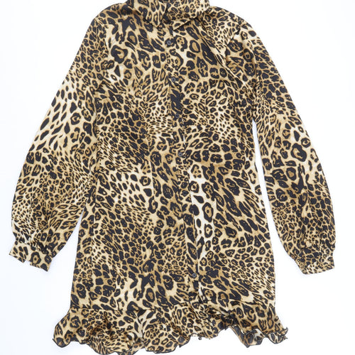 Boohoo Womens Beige Animal Print Polyester Shirt Dress Size 10 Collared Button - Leopard Pattern