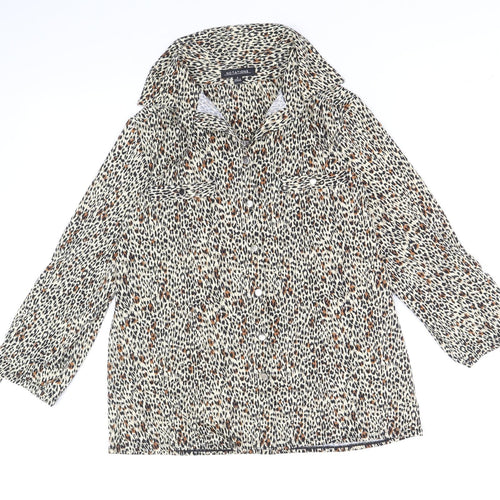 Notations Womens Brown Geometric Polyester Basic Button-Up Size S V-Neck