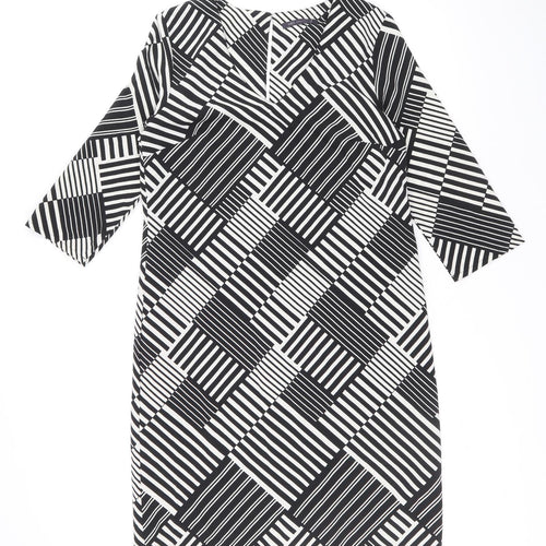 Marks and Spencer Womens Black Geometric Polyester Shift Size 10 V-Neck Button