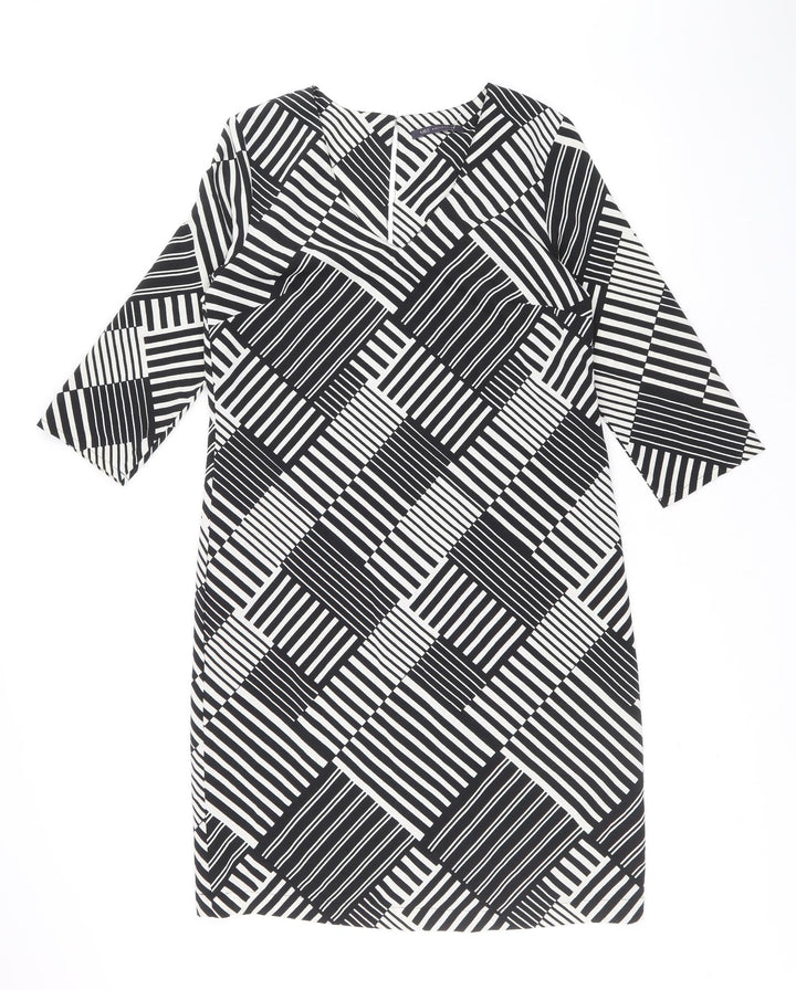 Marks and Spencer Womens Black Geometric Polyester Shift Size 10 V-Neck Button
