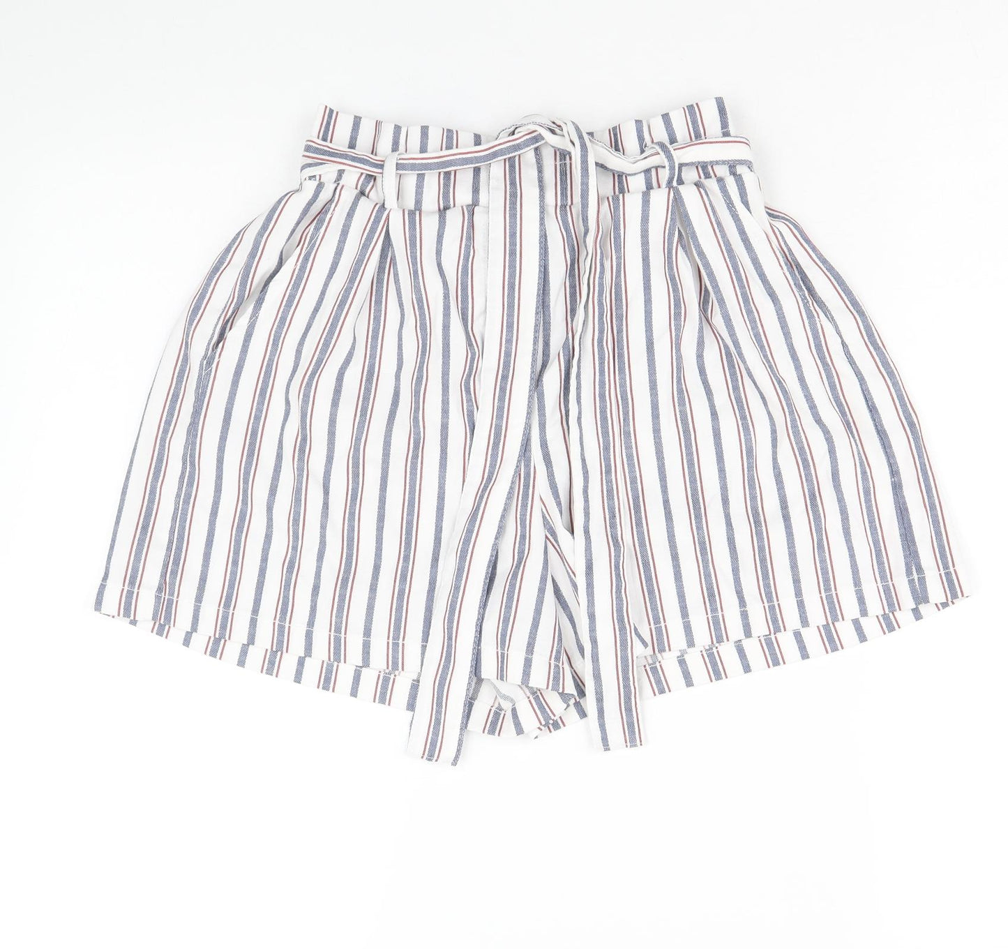 Bershka Womens Multicoloured Striped Cotton Paperbag Shorts Size M Regular Pull On