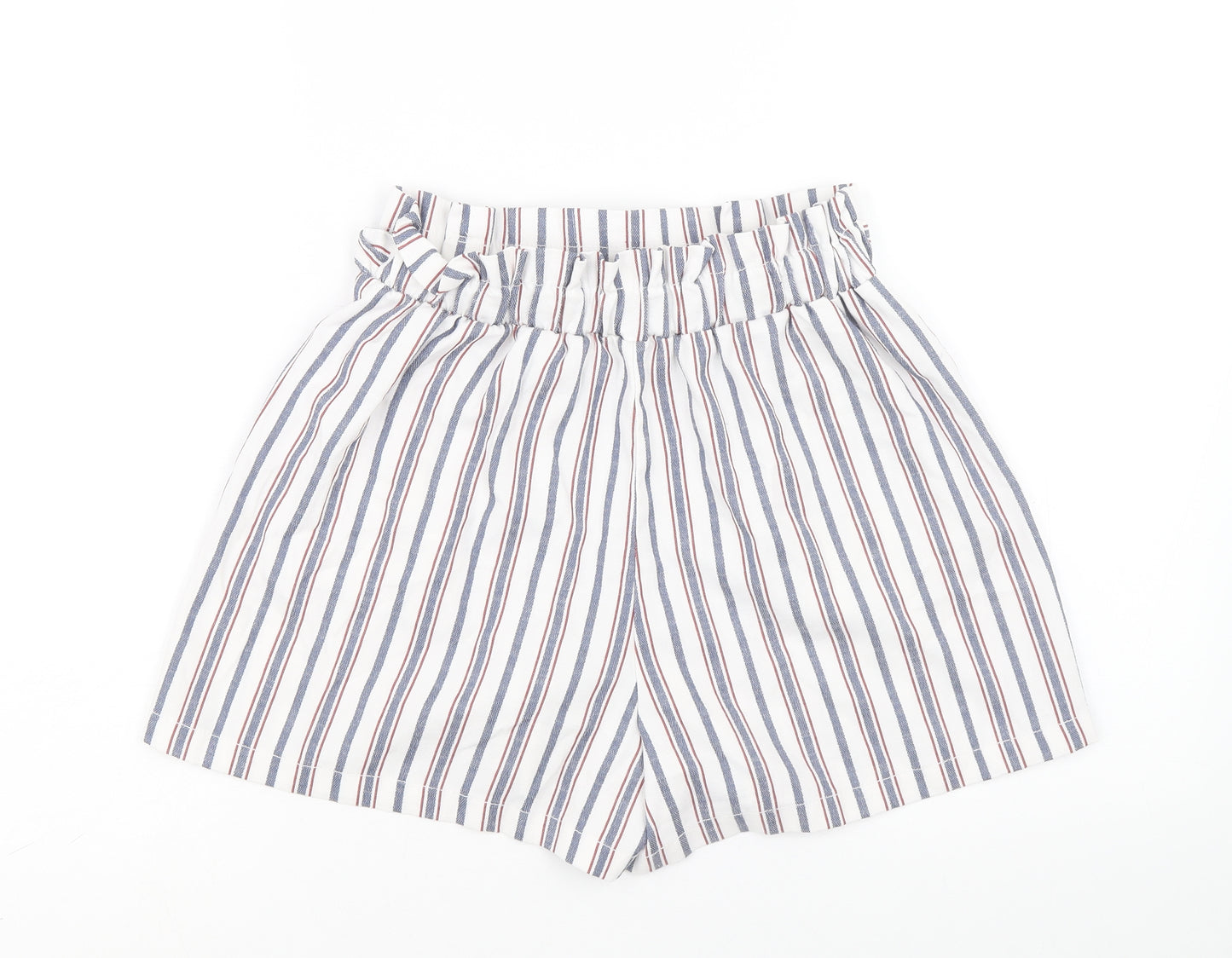 Bershka Womens Multicoloured Striped Cotton Paperbag Shorts Size M Regular Pull On