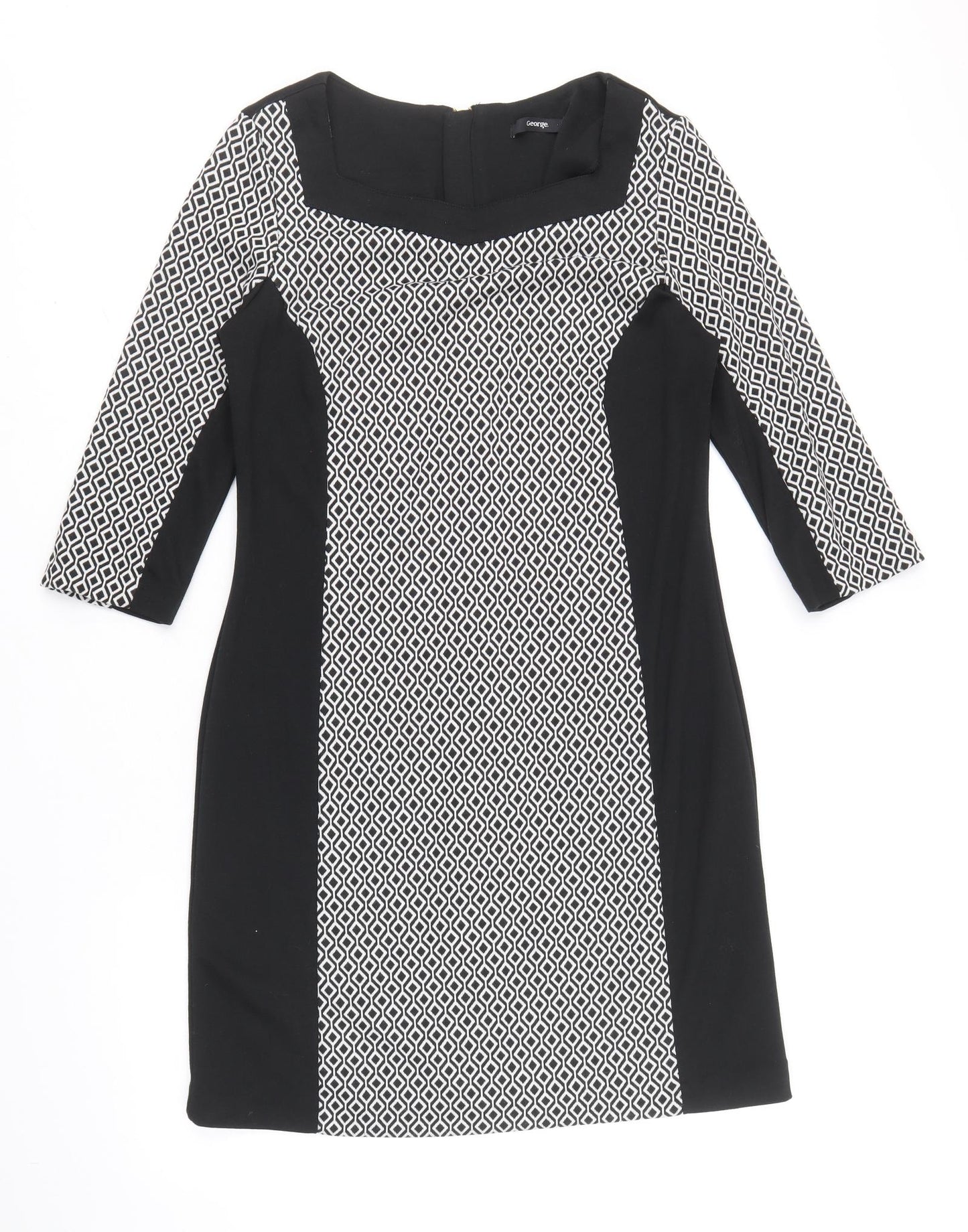 George Womens Black Geometric Polyester Pencil Dress Size 12 Square Neck Zip