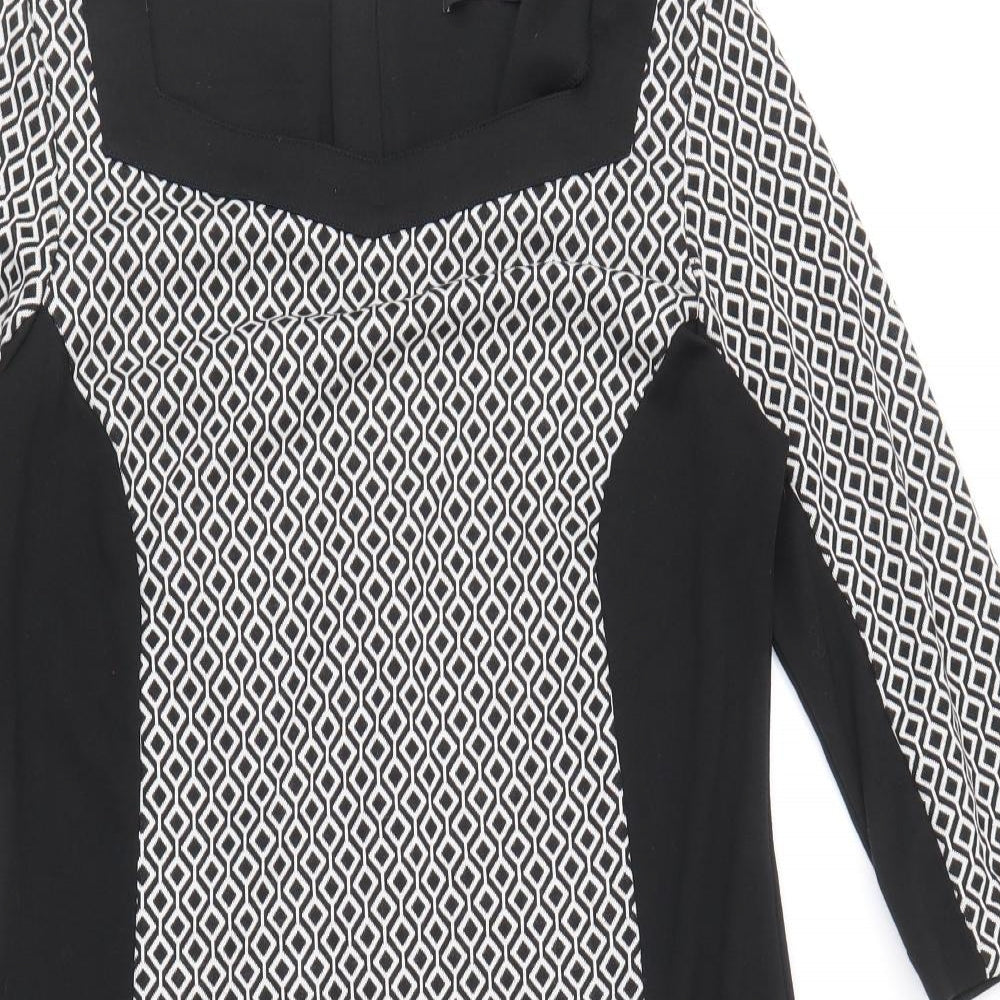 George Womens Black Geometric Polyester Pencil Dress Size 12 Square Neck Zip