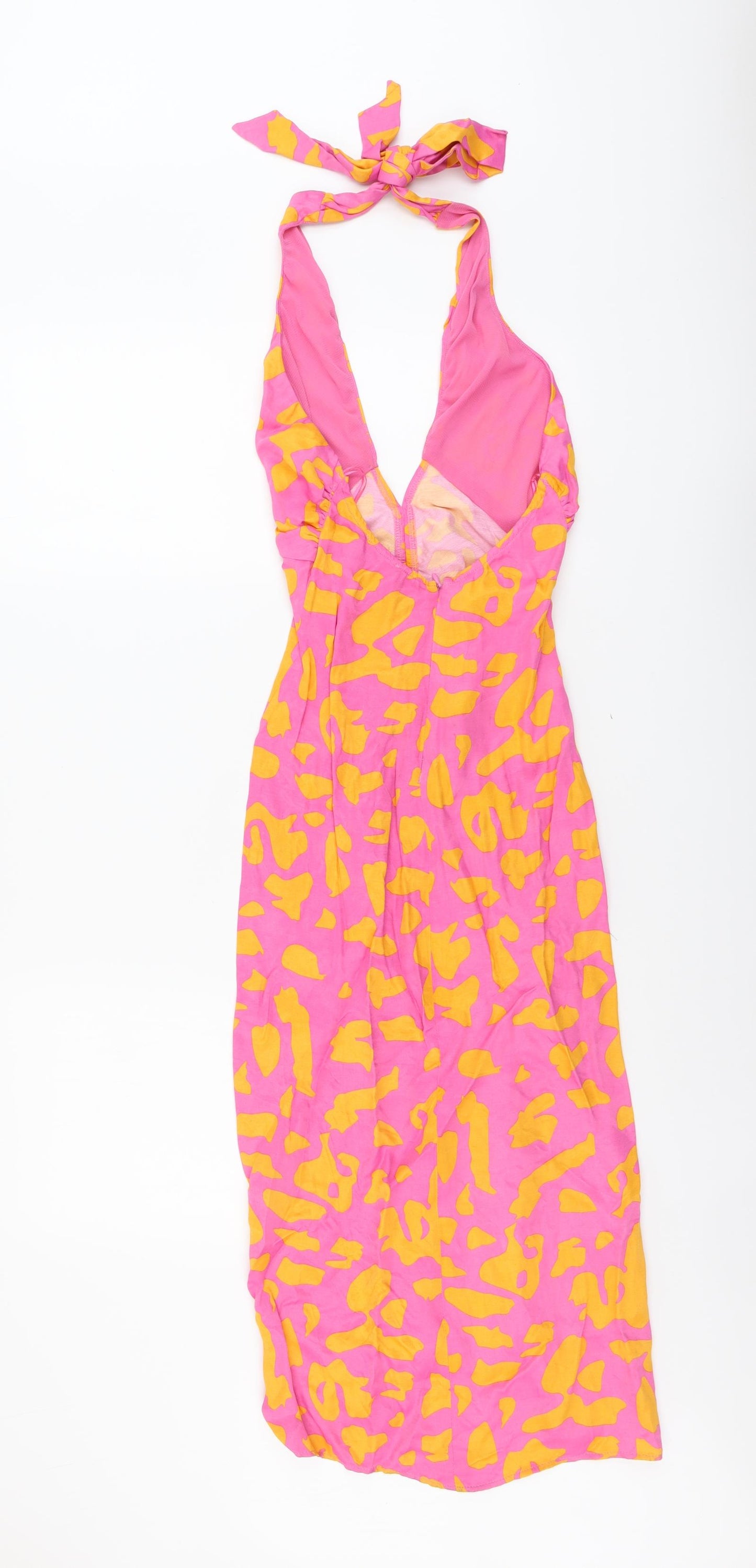 Bershka Womens Pink Animal Print Polyester Bodycon Size XS Halter Zip - Leopard Pattern