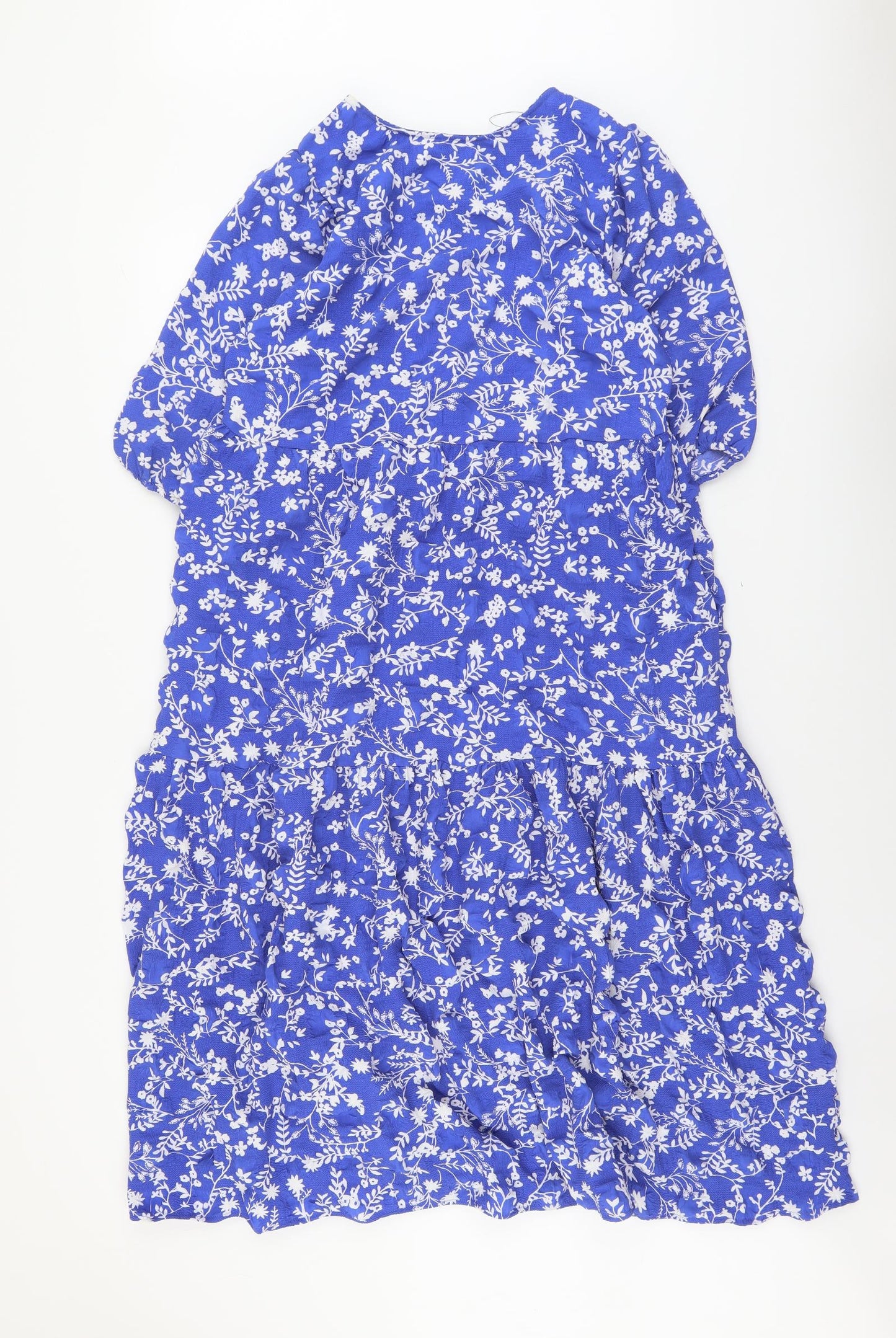 Marks and Spencer Womens Blue Floral Polyester Trapeze & Swing Size 12 Round Neck Button
