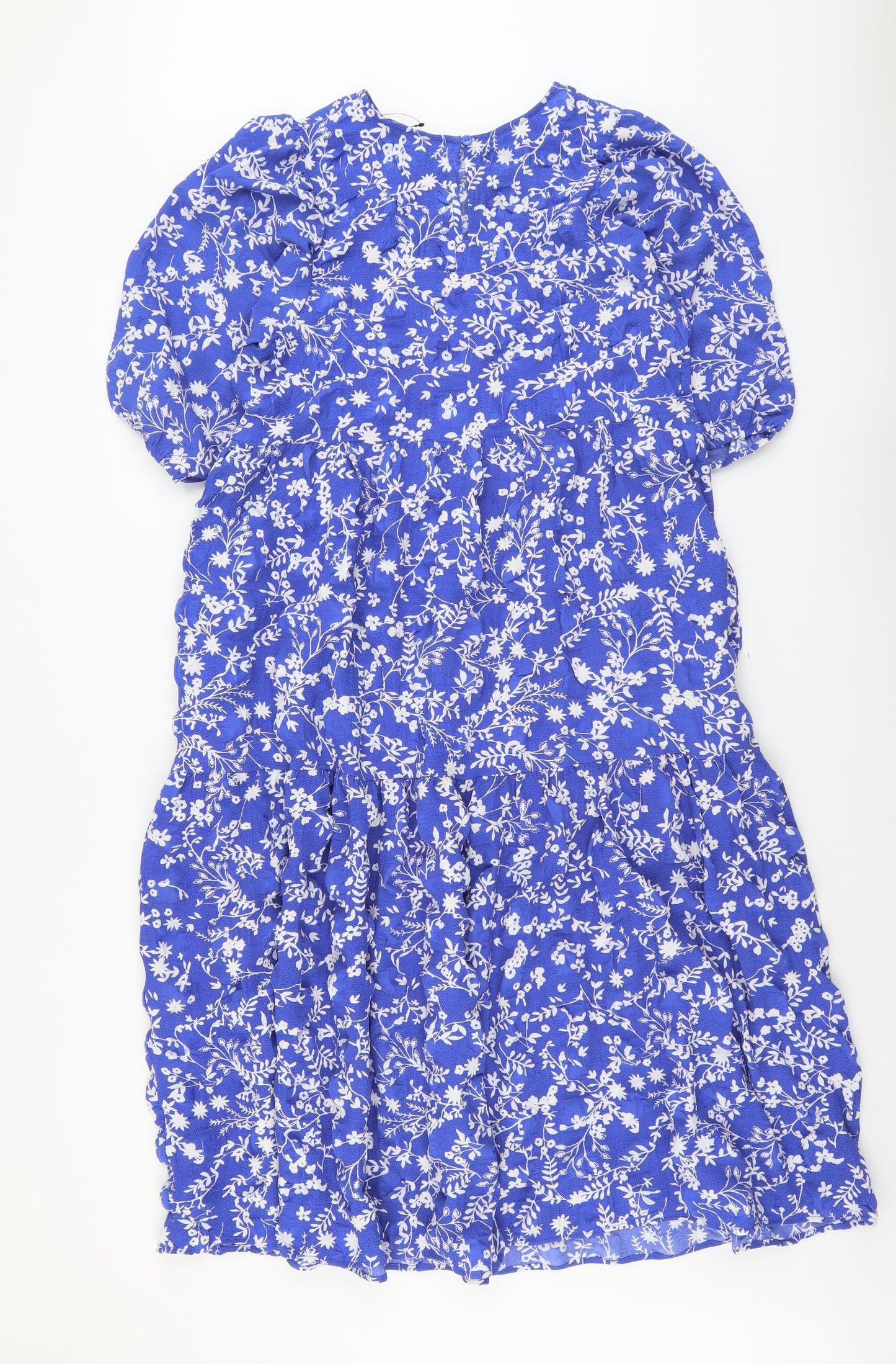 Marks and Spencer Womens Blue Floral Polyester Trapeze & Swing Size 12 Round Neck Button