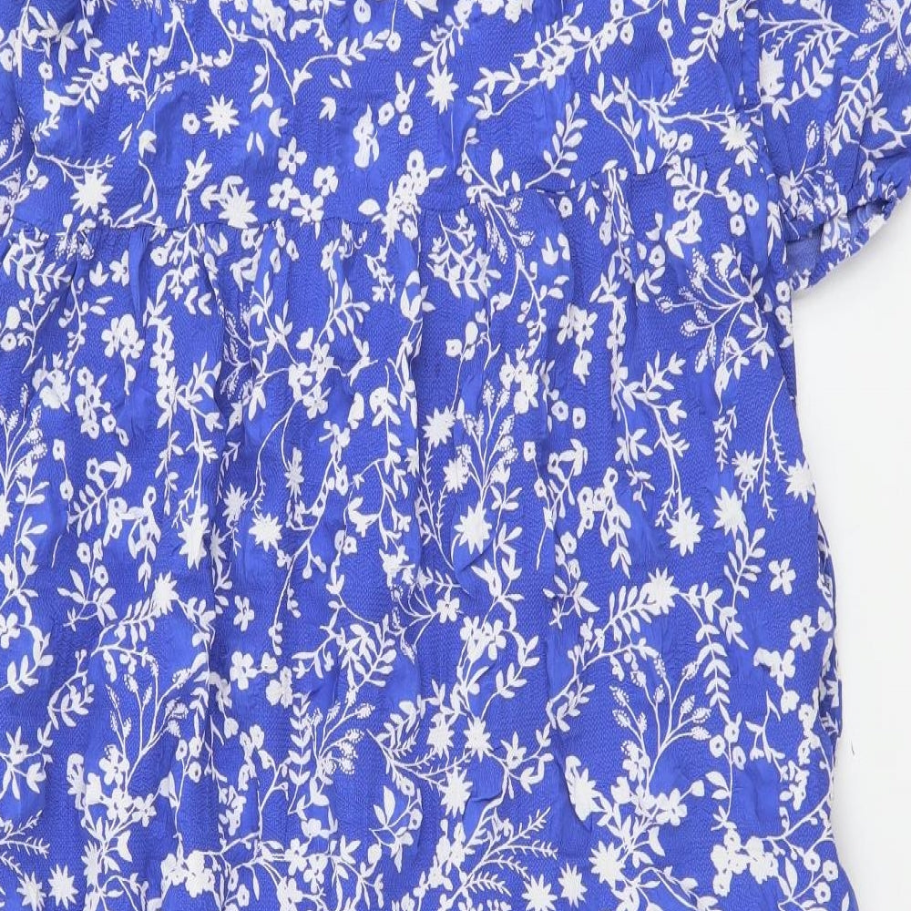 Marks and Spencer Womens Blue Floral Polyester Trapeze & Swing Size 12 Round Neck Button