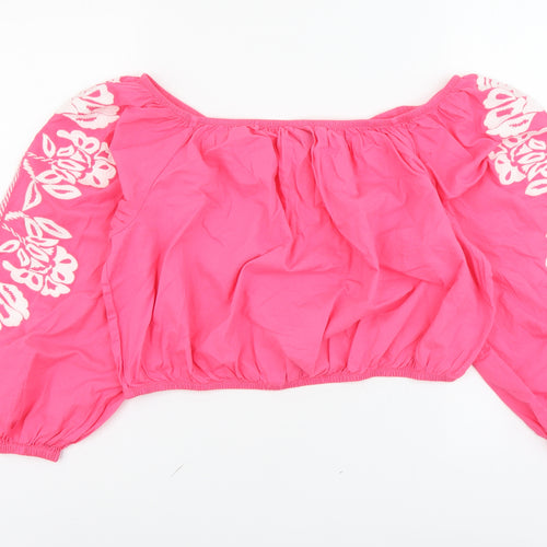 Marks and Spencer Womens Pink Cotton Cropped Blouse Size 18 Boat Neck - Flower Detail