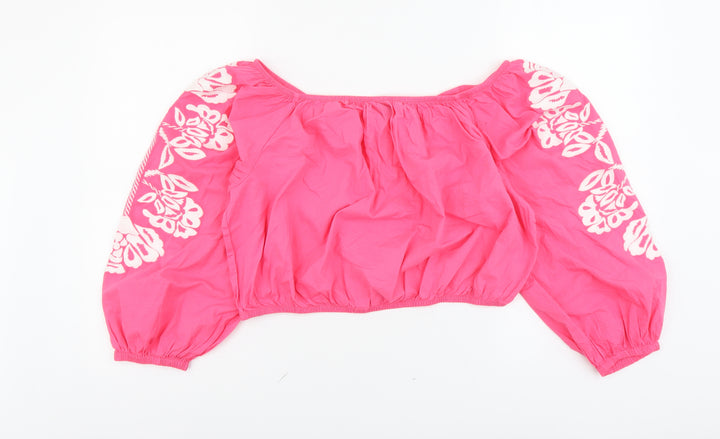 Marks and Spencer Womens Pink Cotton Cropped Blouse Size 18 Boat Neck - Flower Detail