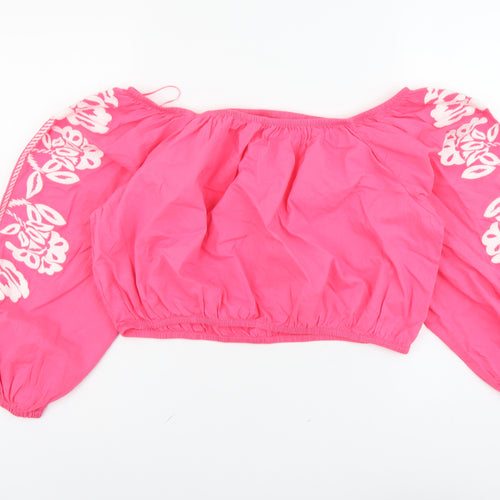 Marks and Spencer Womens Pink Cotton Cropped Blouse Size 18 Boat Neck - Flower Detail