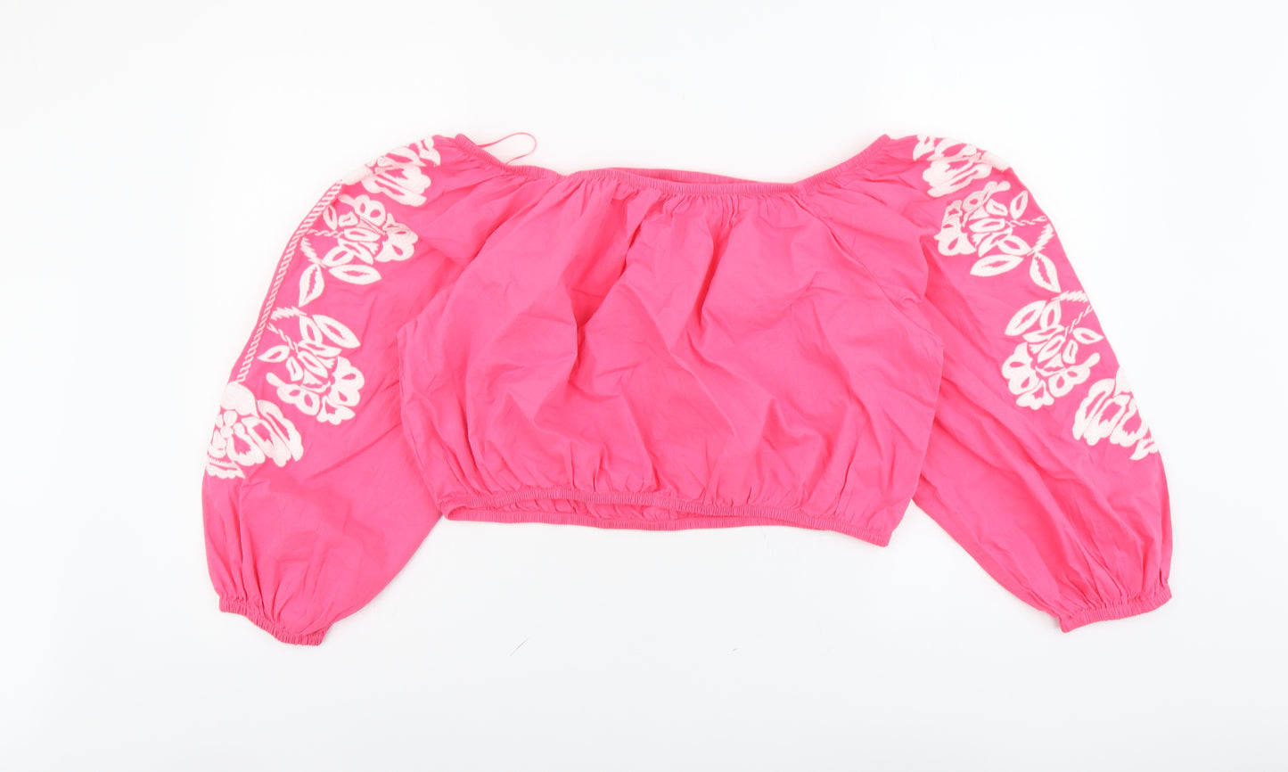 Marks and Spencer Womens Pink Cotton Cropped Blouse Size 18 Boat Neck - Flower Detail