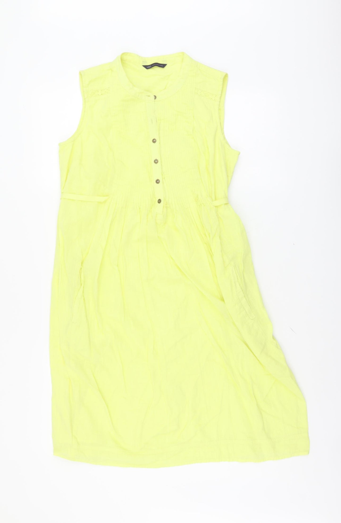 Marks and Spencer Womens Yellow Cotton A-Line Size 12 Round Neck Button