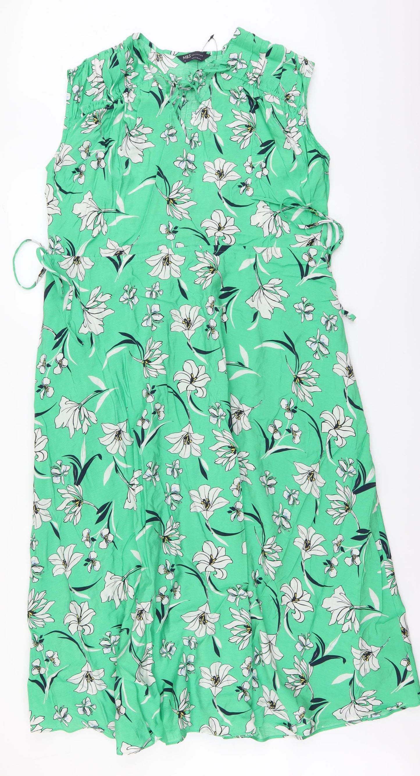 Marks and Spencer Womens Green Floral Viscose A-Line Size 12 Round Neck Tie