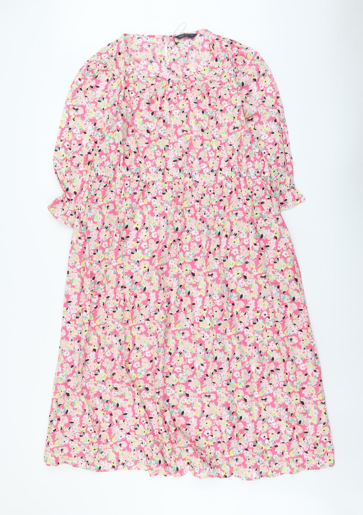 Marks and Spencer Womens Pink Floral Cotton A-Line Size 20 Round Neck Button