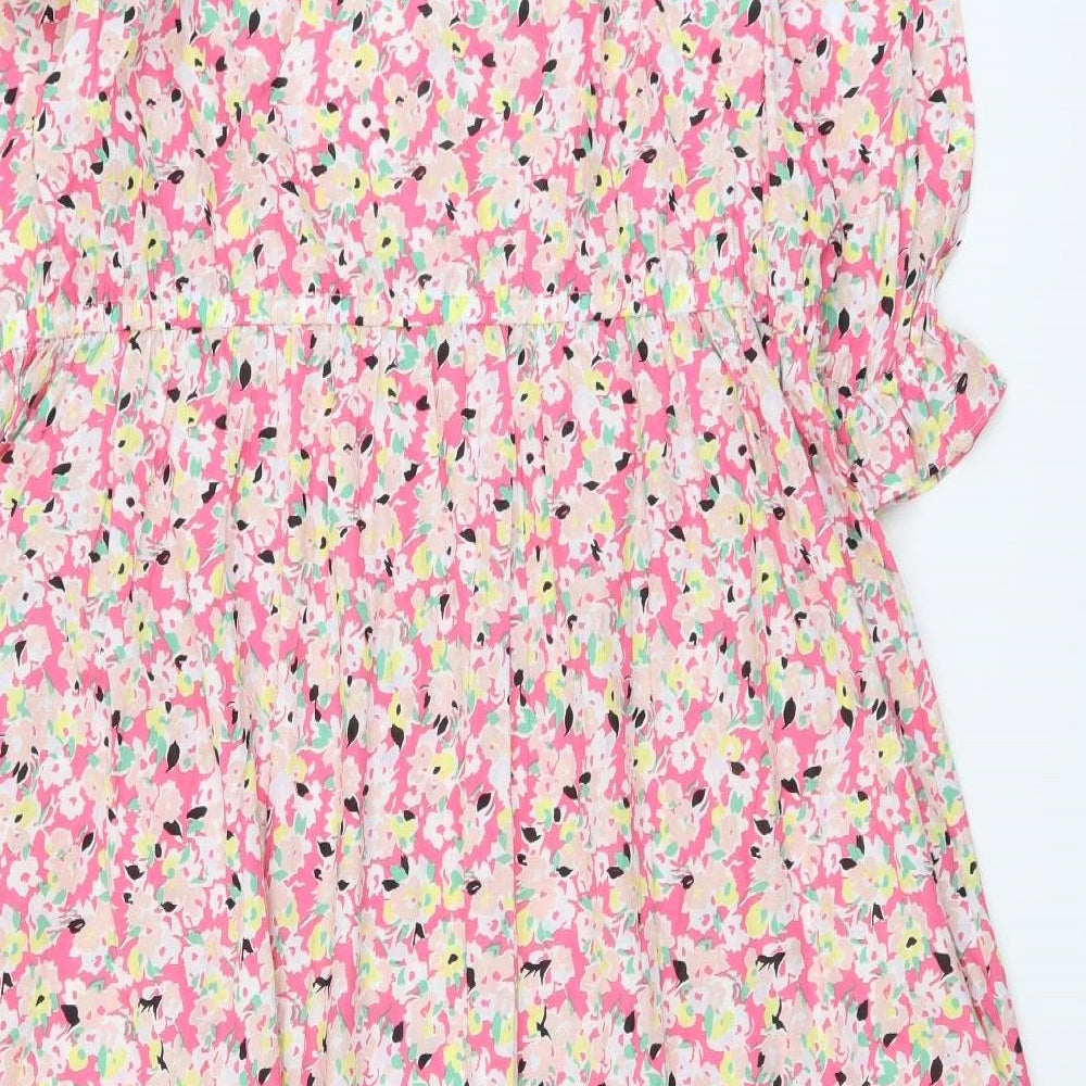 Marks and Spencer Womens Pink Floral Cotton A-Line Size 20 Round Neck Button