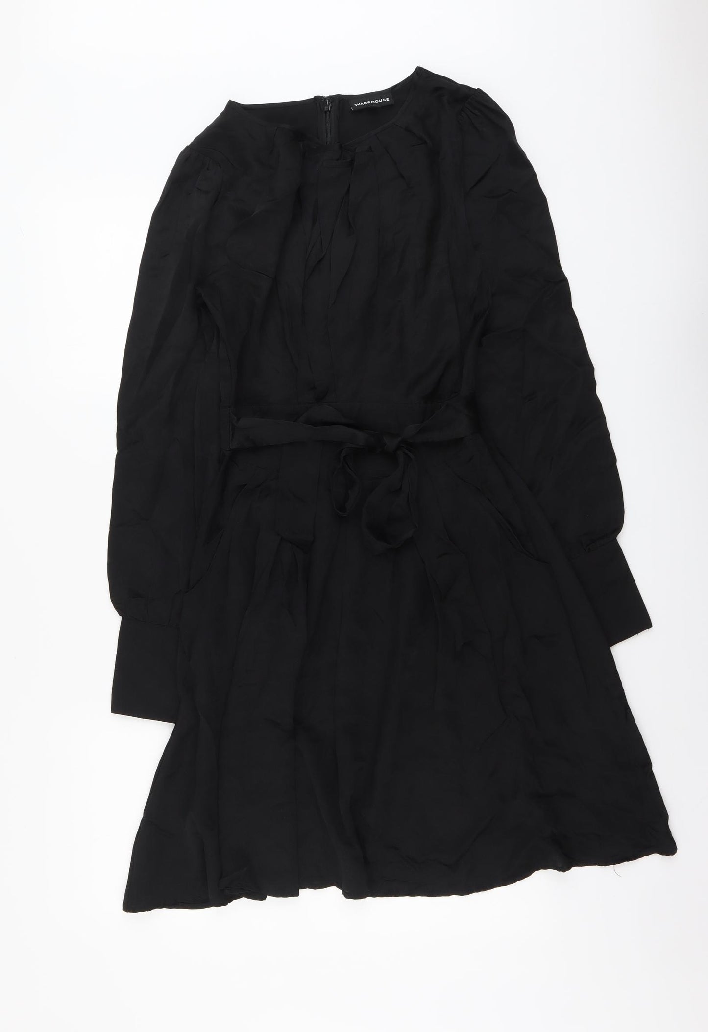 Warehouse Womens Black Silk A-Line Size 8 Round Neck Zip