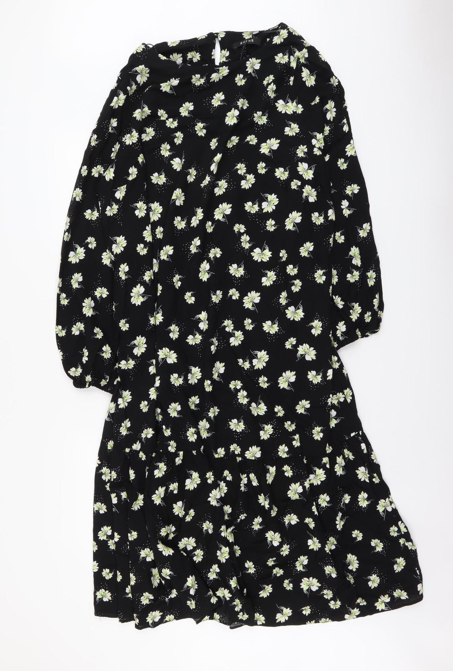 Evans Womens Black Floral Viscose A-Line Size 20 Round Neck Button