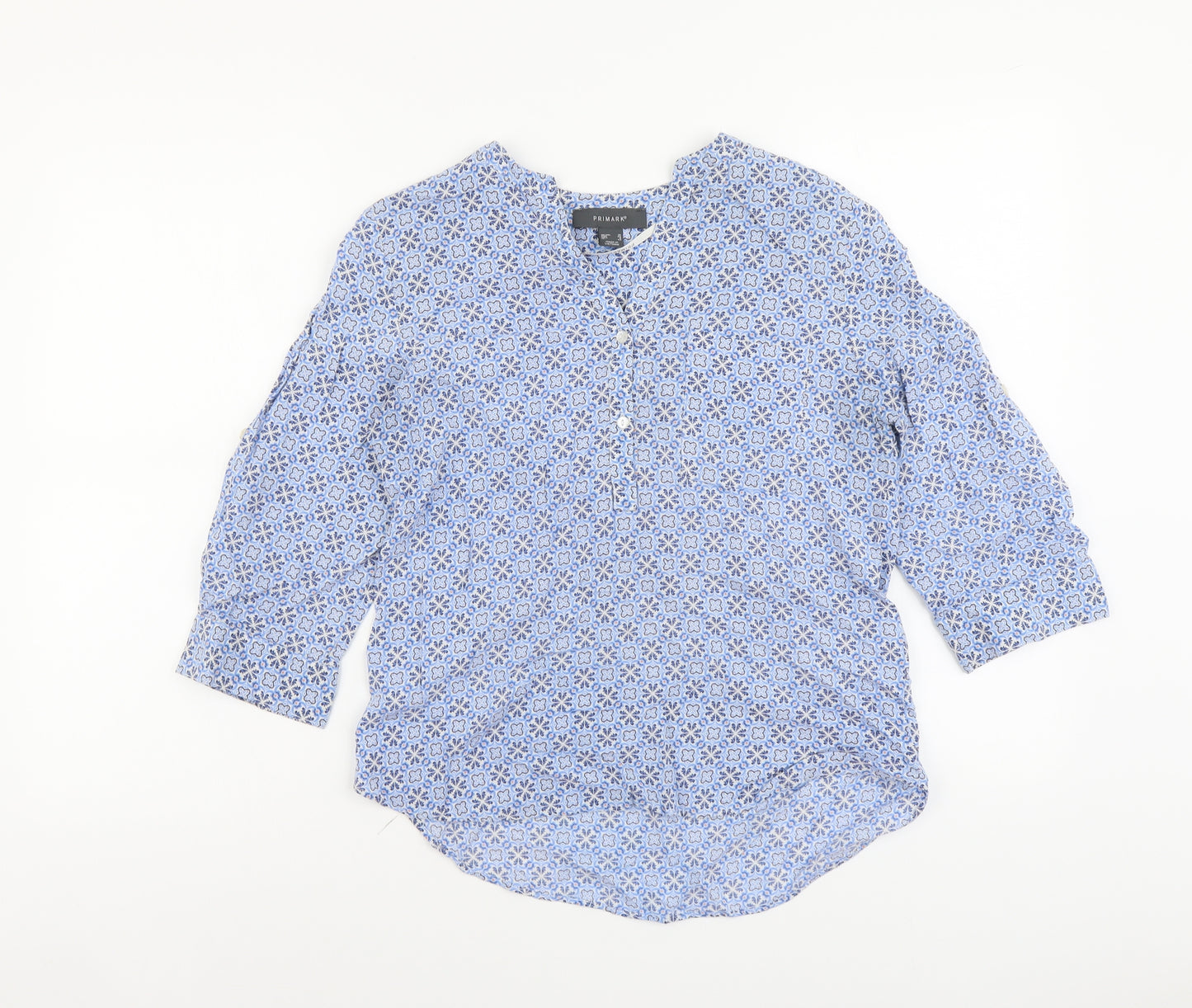 Nutmeg Womens Blue Geometric Viscose Basic Blouse Size 10 V-Neck