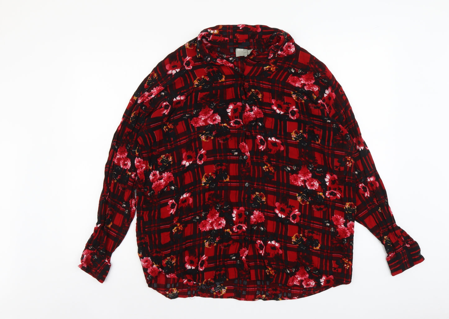 ASOS Womens Red Geometric Viscose Basic Button-Up Size 8 V-Neck