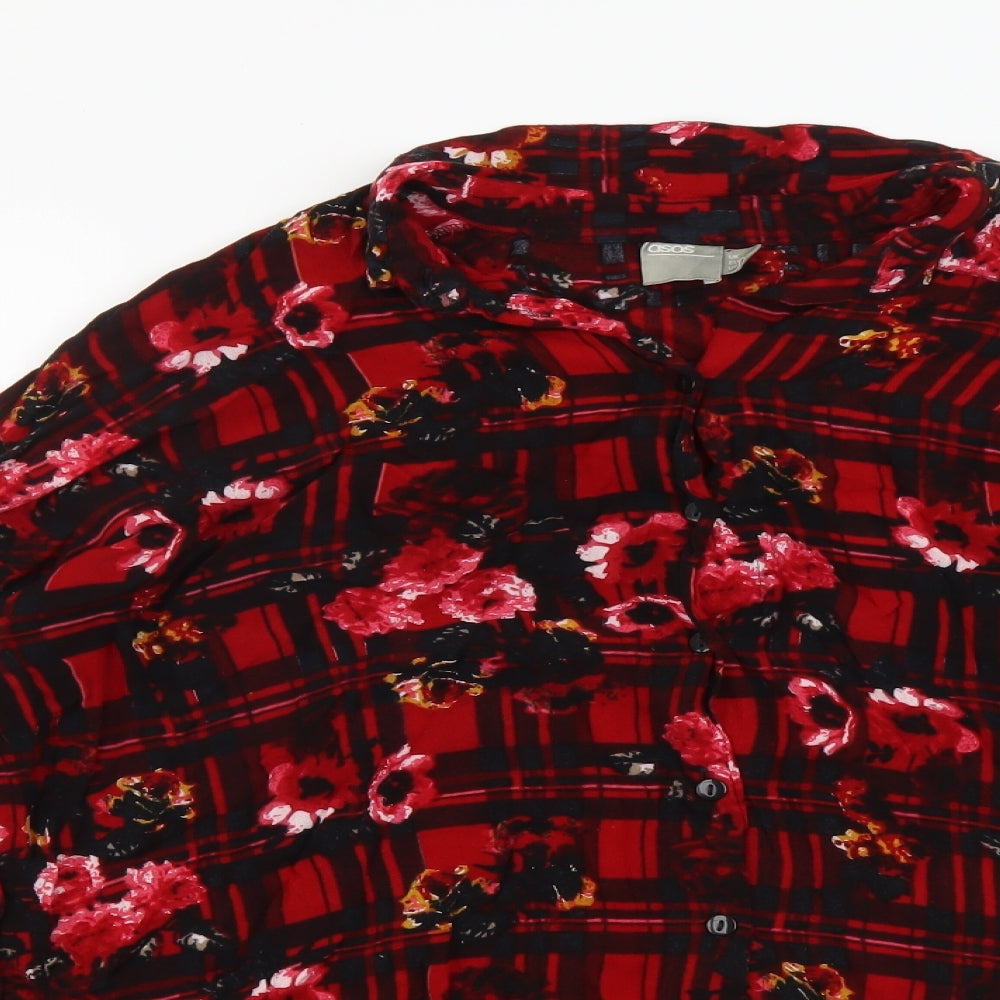 ASOS Womens Red Geometric Viscose Basic Button-Up Size 8 V-Neck