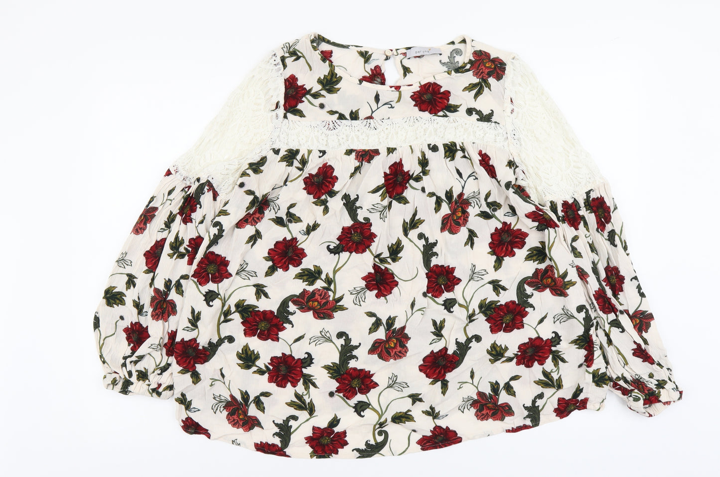 Per Una Womens Multicoloured Floral Viscose Basic Blouse Size 10 Round Neck - Lace Detail