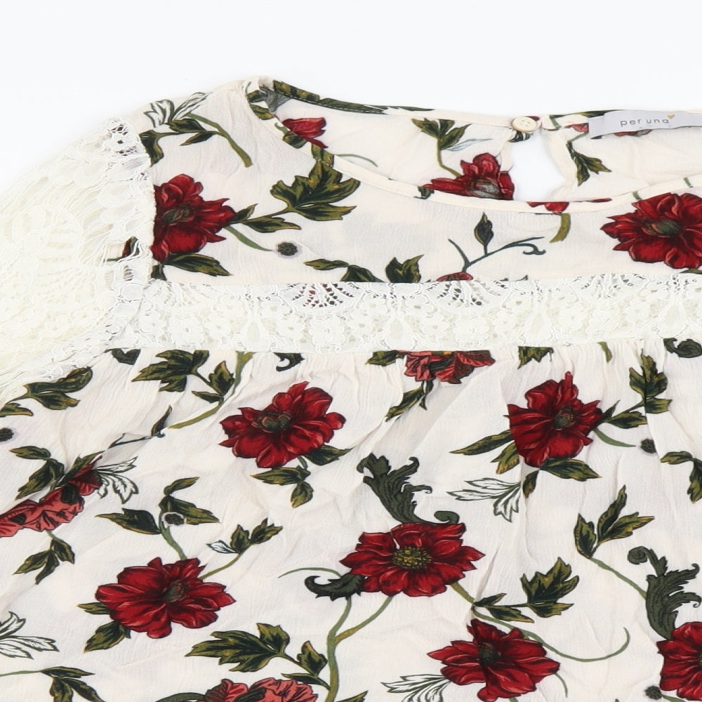 Per Una Womens Multicoloured Floral Viscose Basic Blouse Size 10 Round Neck - Lace Detail