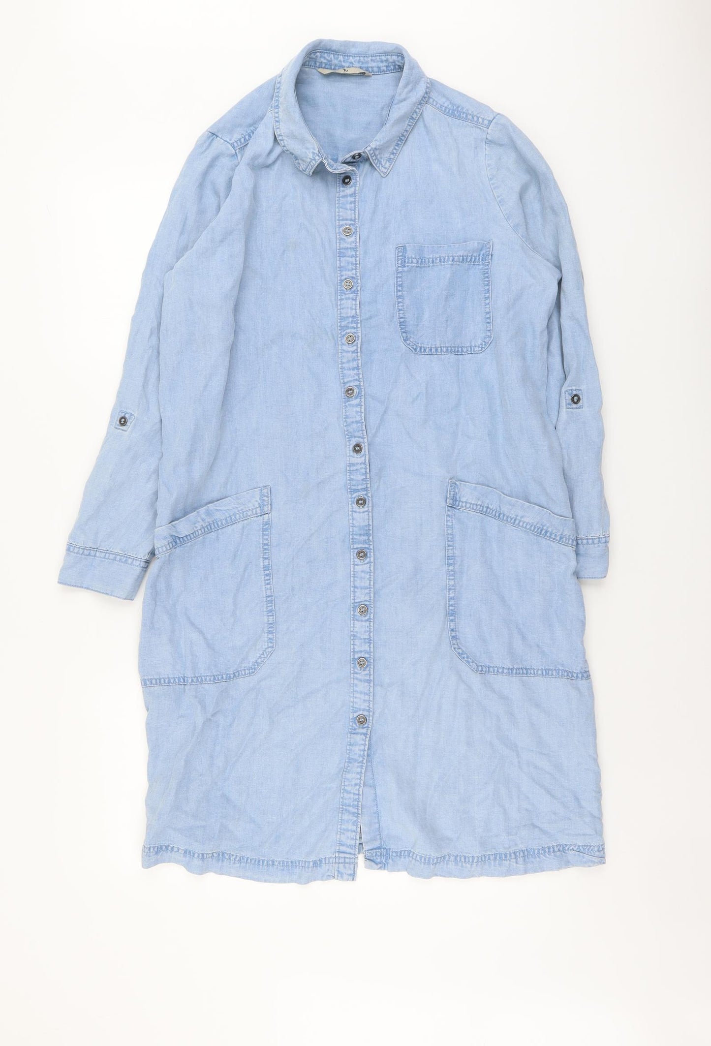 TU Womens Blue Lyocell Shirt Dress Size 14 Collared Button