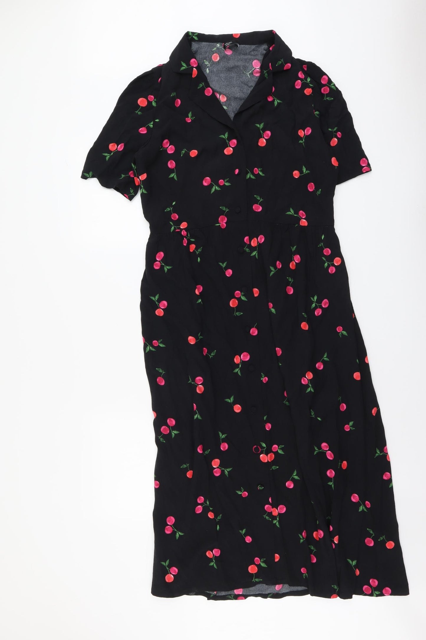 Nobody's Child Womens Black Geometric Viscose A-Line Size 14 Collared Button - Cherry Pattern