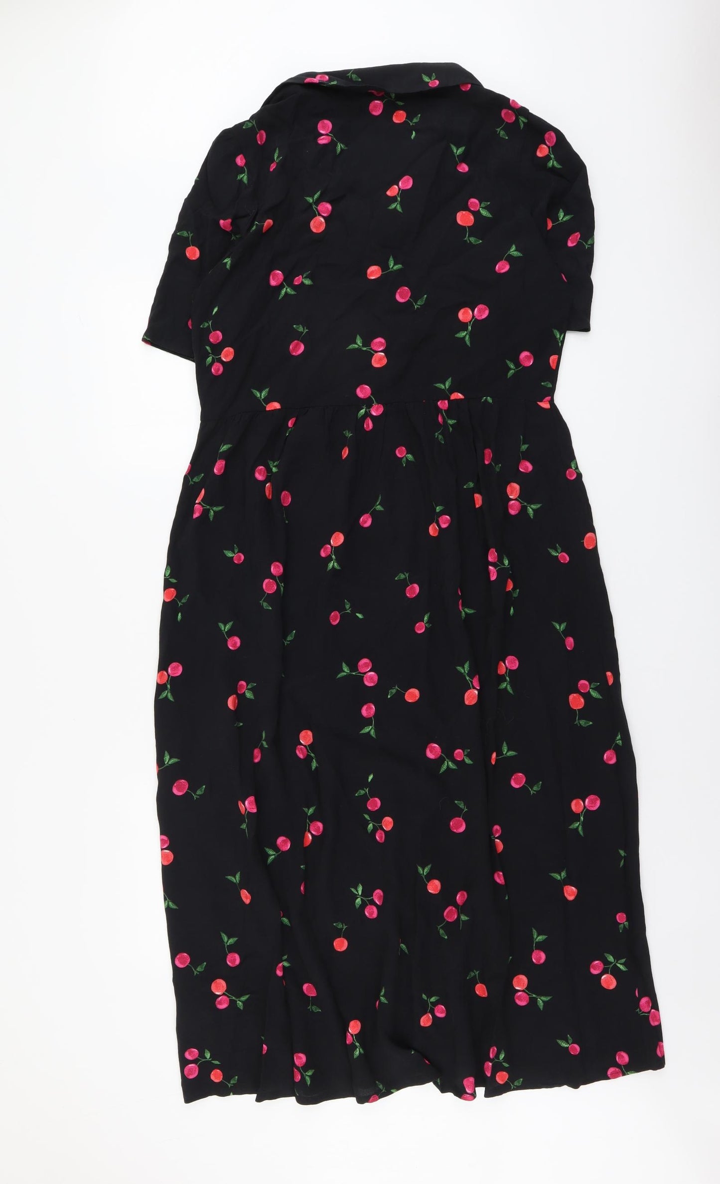Nobody's Child Womens Black Geometric Viscose A-Line Size 14 Collared Button - Cherry Pattern