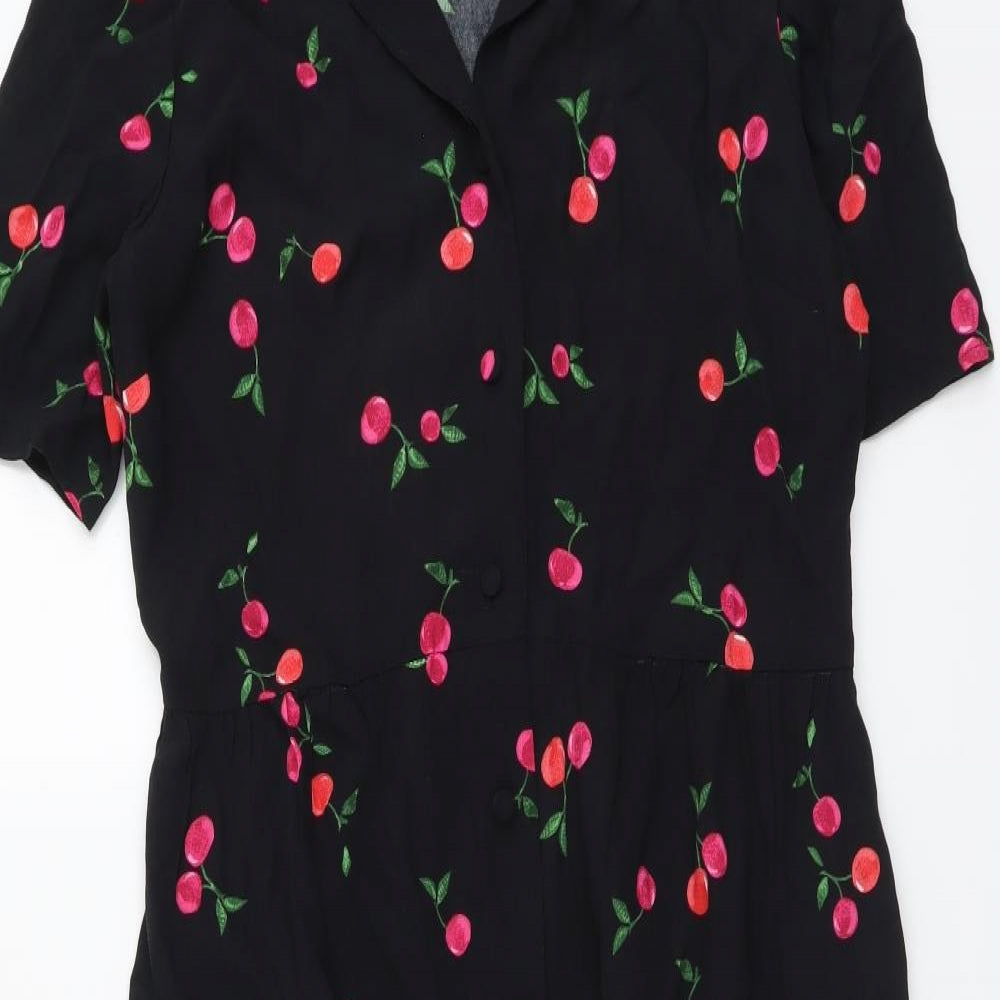 Nobody's Child Womens Black Geometric Viscose A-Line Size 14 Collared Button - Cherry Pattern