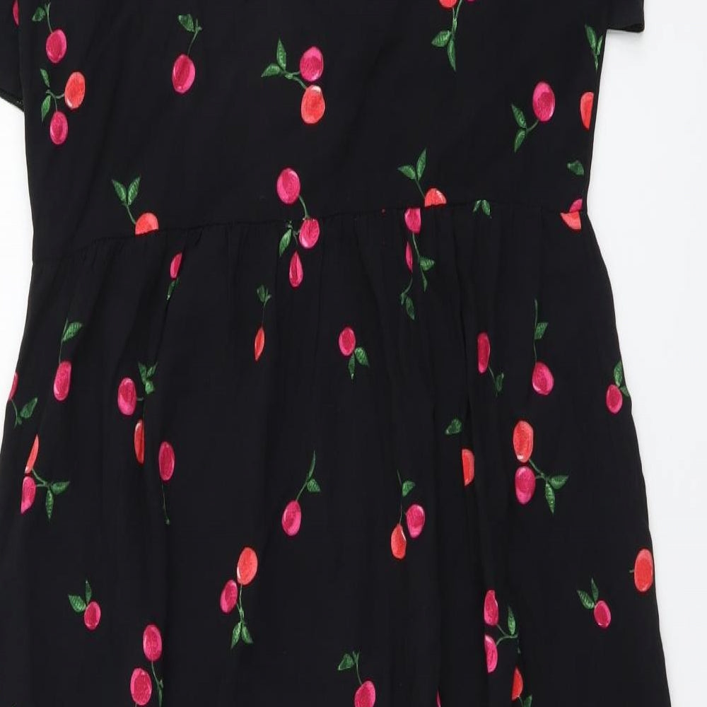 Nobody's Child Womens Black Geometric Viscose A-Line Size 14 Collared Button - Cherry Pattern