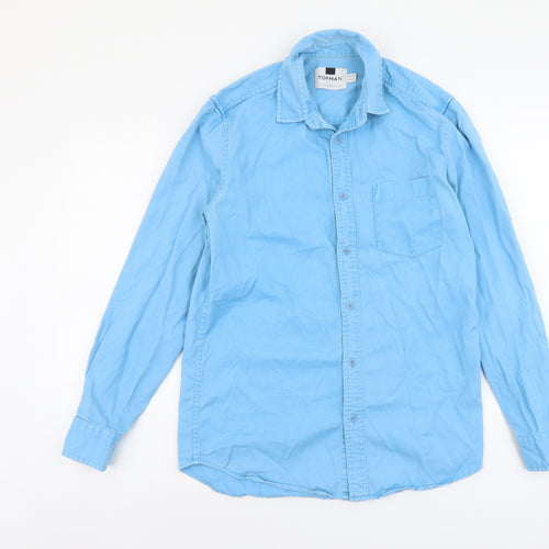 Topman Mens Blue Cotton Button-Up Size S Collared Button
