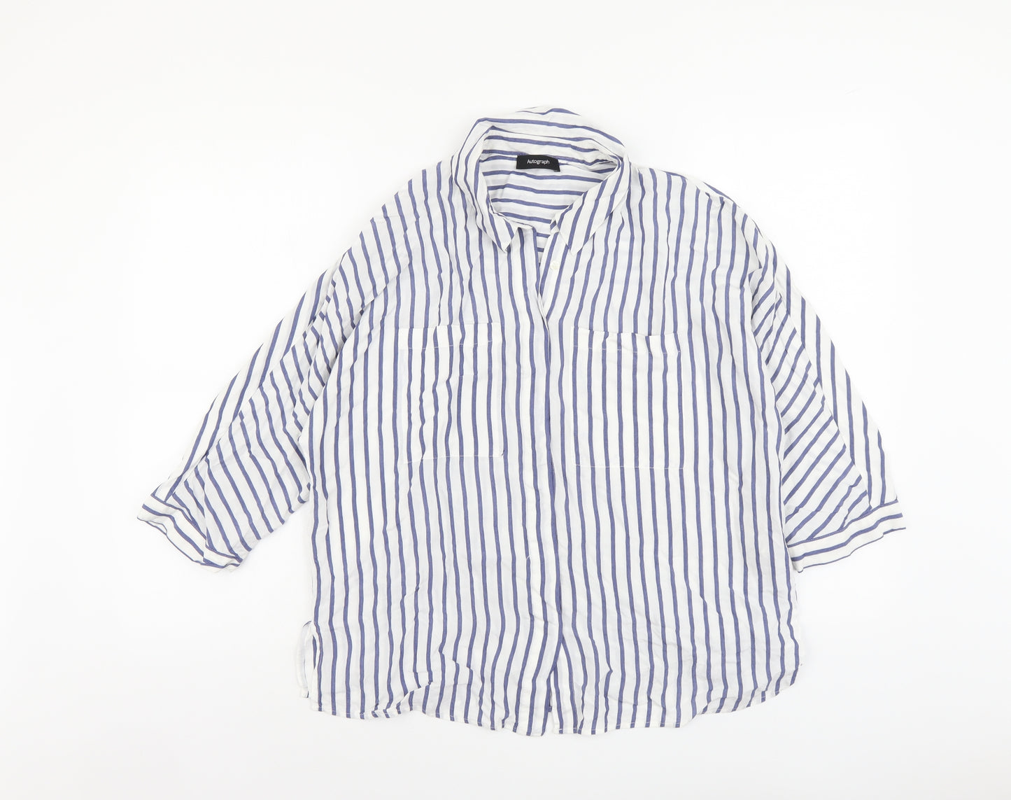 Autograph Womens Blue Striped Viscose Basic Button-Up Size 16 V-Neck