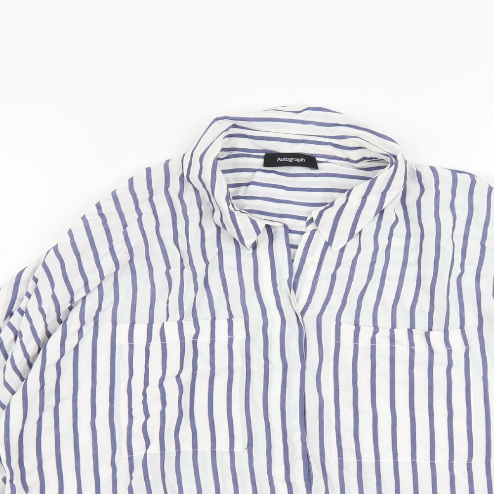 Autograph Womens Blue Striped Viscose Basic Button-Up Size 16 V-Neck