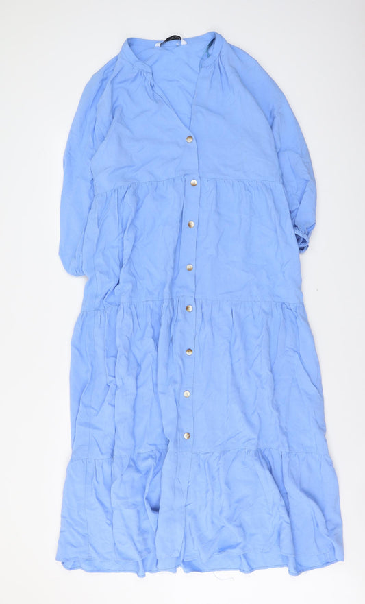 Zara Womens Blue Viscose A-Line Size S V-Neck Button - Tiered